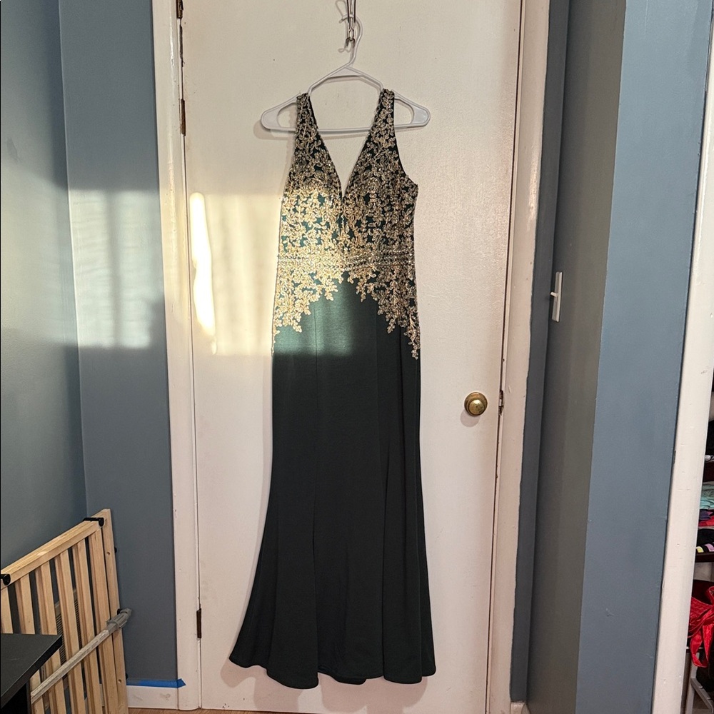 Elegant Green and Gold Evening Gown